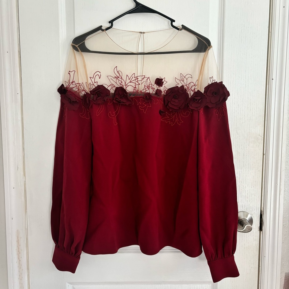 Oscar De La Renta - Red Silk & Mesh Embroidered Floral Blouse